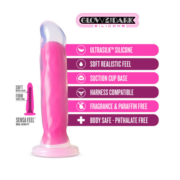 819835025221 3 Neo Elite Glow In The Dark Marquee 8" Silicone Dual Density Dildo Neon Pink