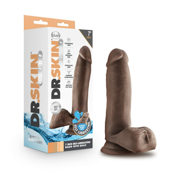 819835027928 Dr. Skin Glide 7" Self Lubricating Dildo With Balls Chocolate