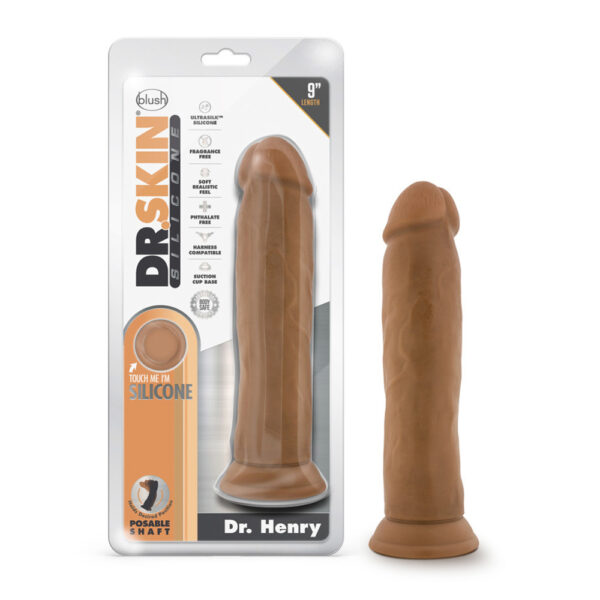 819835028024 Dr. Skin Silicone Dr. Henry 9" Dildo With Suction Cup Mocha