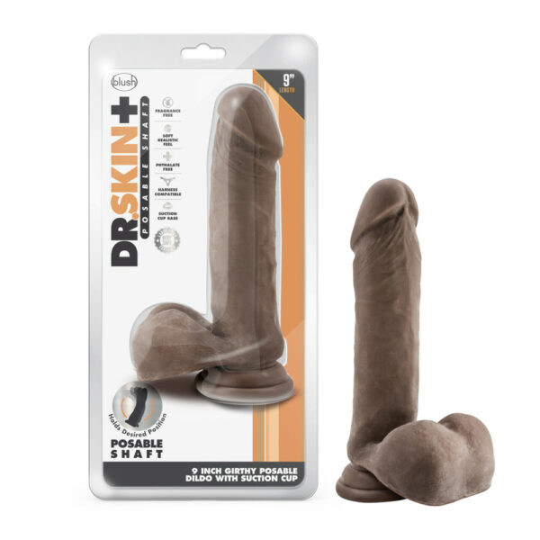 819835028239 Dr. Skin Plus 9" Thick Posable Dildo With Balls Chocolate