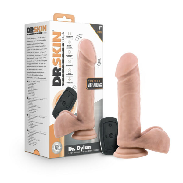 819835028390 Dr. Skin Silicone Dr. Dylan 7" Vibrating Dildo With Remote Control Vanilla