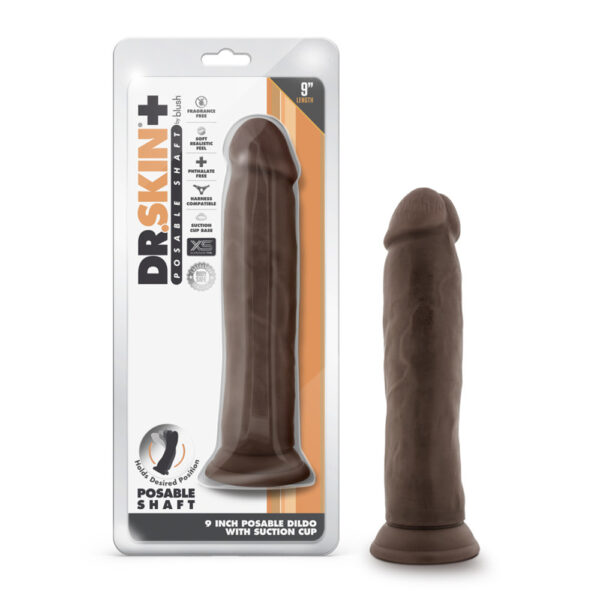 819835028536 Dr. Skin Plus 9" Posable Thick Dildo Chocolate