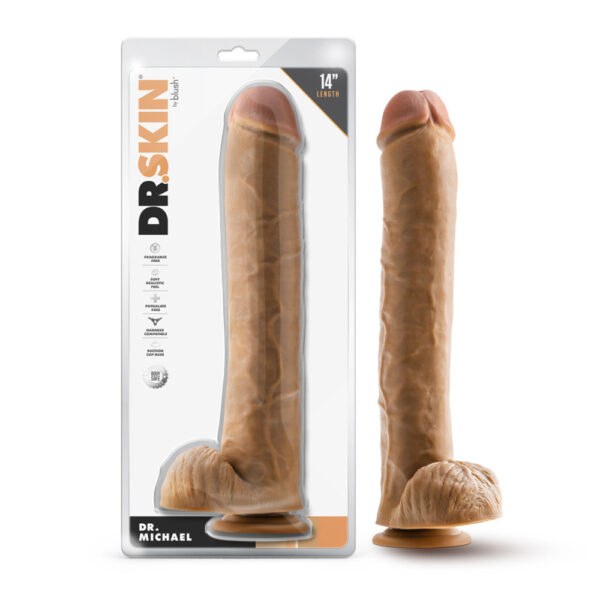 819835029441 Dr. Skin Dr. Michael 14" Dildo With Balls Tan