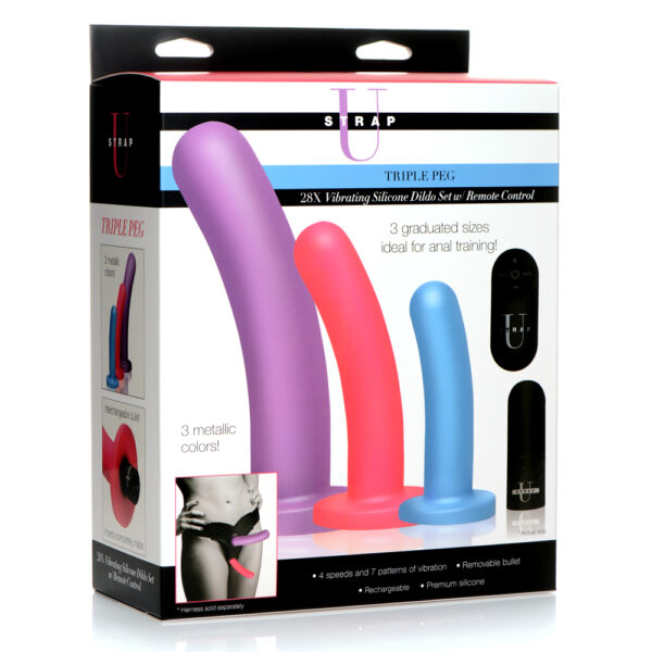 848518045751 Strap U Triple Peg 28X Vibrating Silicone Dildo Set W/ Remote