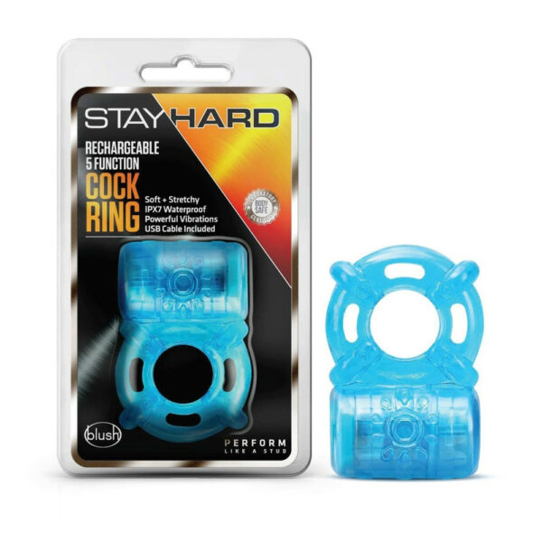 850002870404 Stay Hard Rechargeable 5 Function Cock Ring Blue