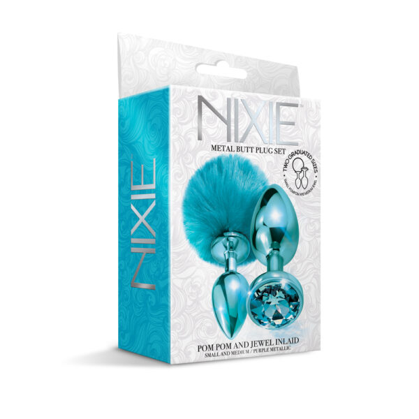 850010096797 Nixie Metal Butt Plug Set Pom Pom And Jewel Inlaid Blue Metallic