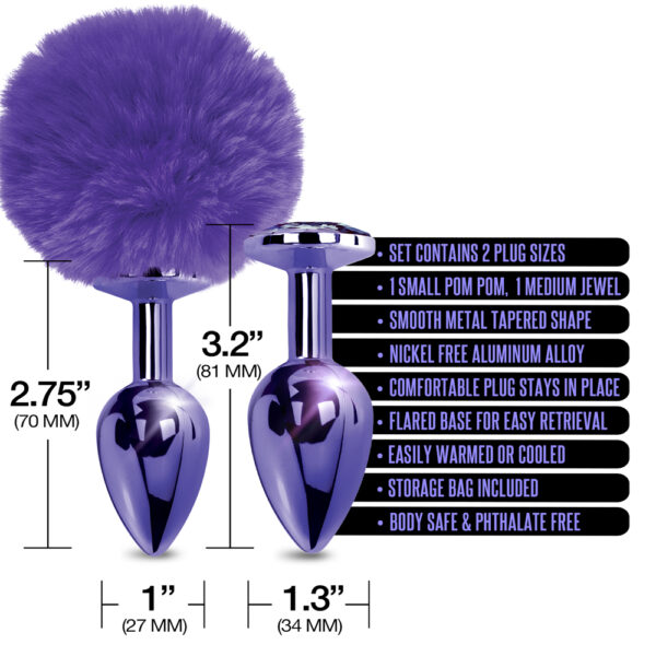 850010096803 3 Nixie Metal Butt Plug Set Pom Pom And Jewel Inlaid Purple Metallic