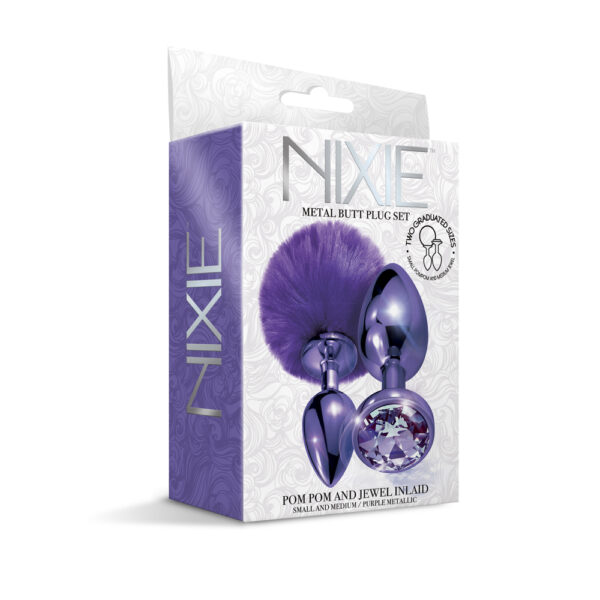 850010096803 Nixie Metal Butt Plug Set Pom Pom And Jewel Inlaid Purple Metallic