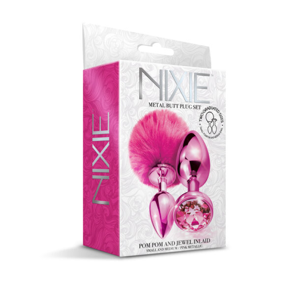 850010096810 Nixie Metal Butt Plug Set Pom Pom And Jewel Inlaid Pink Metallic