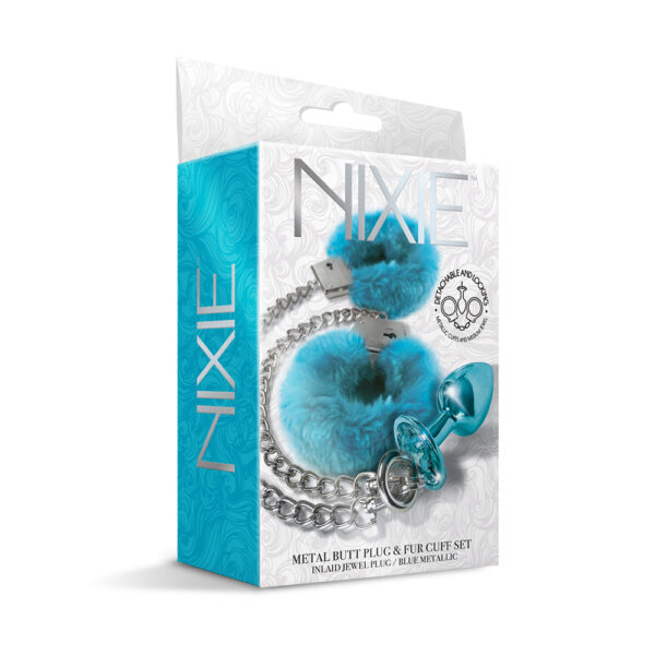 850010096940 Nixie Metal Butt Plug & Furry Cuff Set Medium Blue Metallic