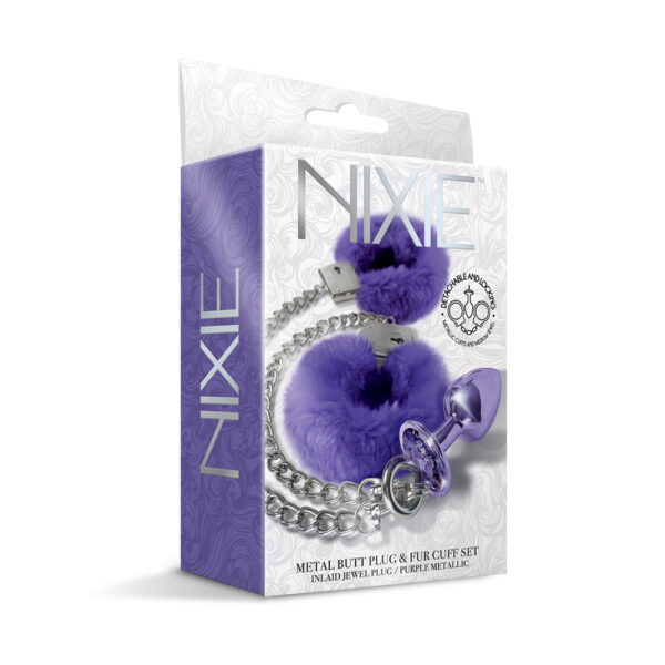 850010096957 Nixie Metal Butt Plug & Furry Cuff Set Medium Purple Metallic