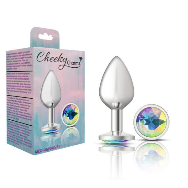 850018691154 Cheeky Charms Metal Butt Plug Silver Round Clear Iridescent Medium