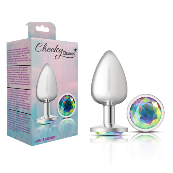 850018691161 Cheeky Charms Metal Butt Plug Silver Round Clear Iridescent Large