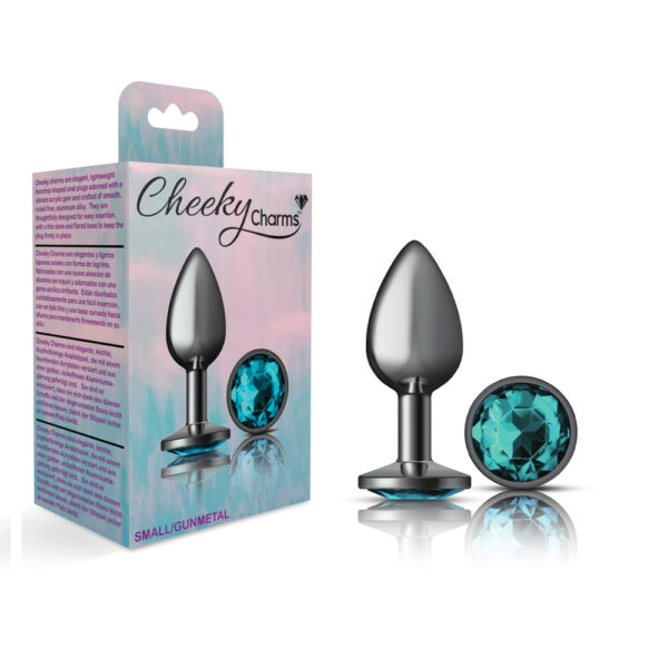 850018691208 Cheeky Charms Metal Butt Plug Gunmetal Round Teal Small