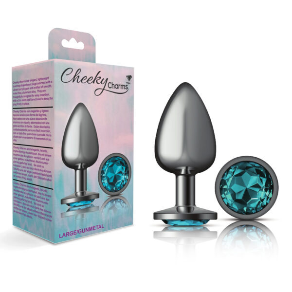 850018691222 Cheeky Charms Metal Butt Plug Gunmetal Round Teal Large