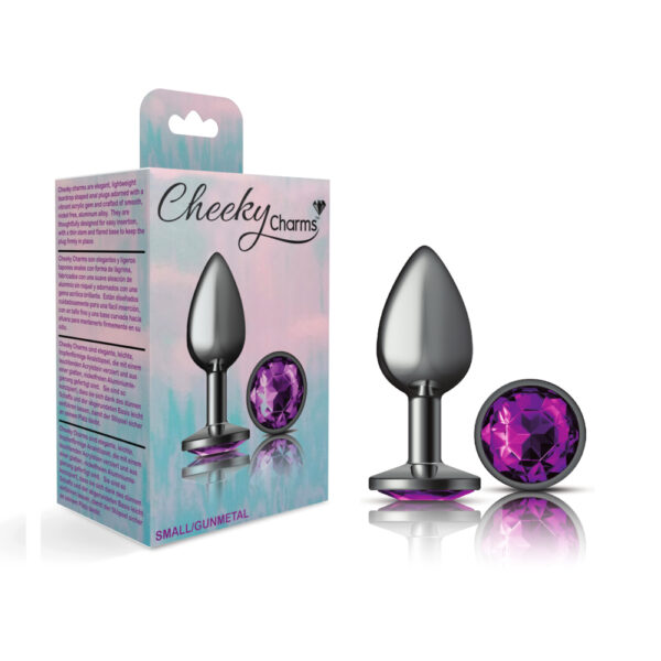 850018691239 Cheeky Charms Metal Butt Plug Gunmetal Round Deep Purple Small