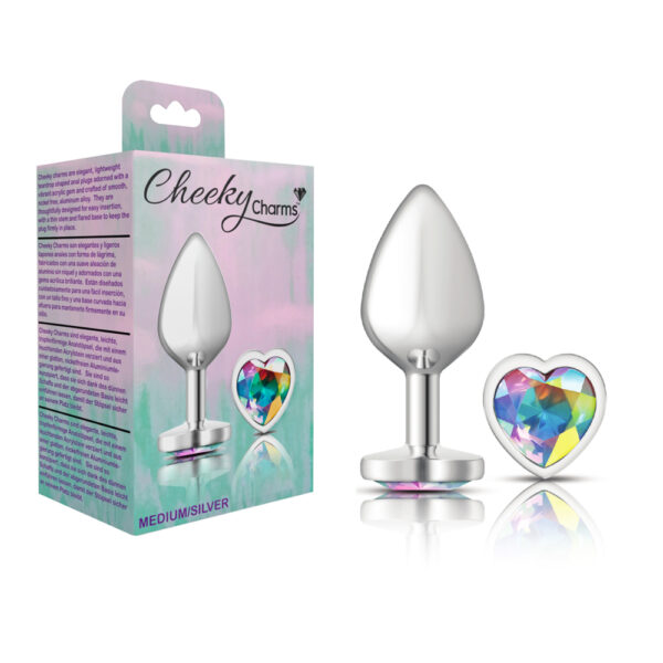 850018691277 Cheeky Charms Metal Butt Plug Silver Heart Clear Iridescent Medium