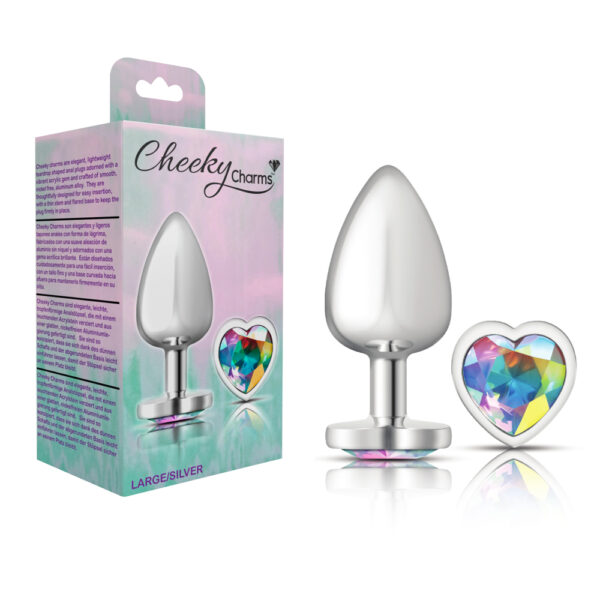 850018691284 Cheeky Charms Metal Butt Plug Silver Heart Clear Iridescent Large