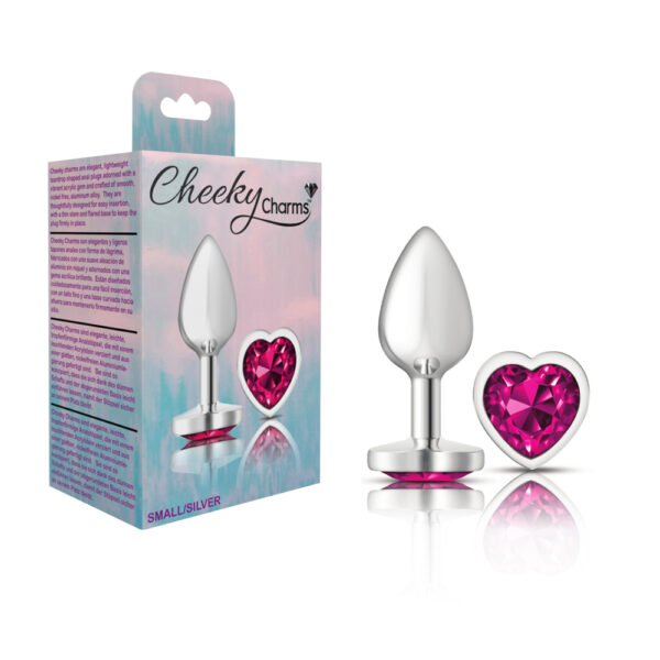 850018691291 Cheeky Charms Metal Butt Plug Silver Heart Bright Pink Small