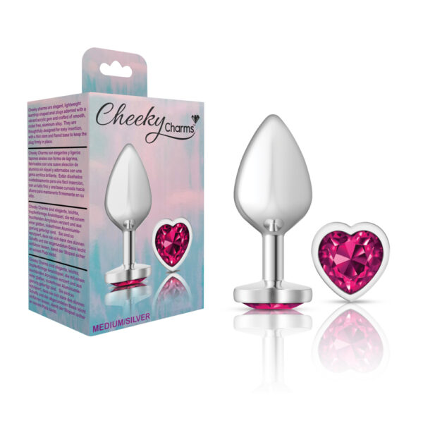 850018691307 Cheeky Charms Metal Butt Plug Silver Heart Bright Pink Medium