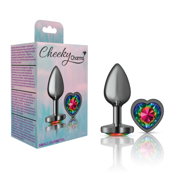 850018691321 Cheeky Charms Metal Butt Plug Gunmetal Heart Rainbow Small