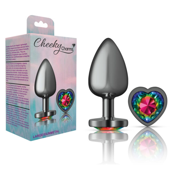 850018691345 Cheeky Charms Metal Butt Plug Gunmetal Heart Rainbow Large