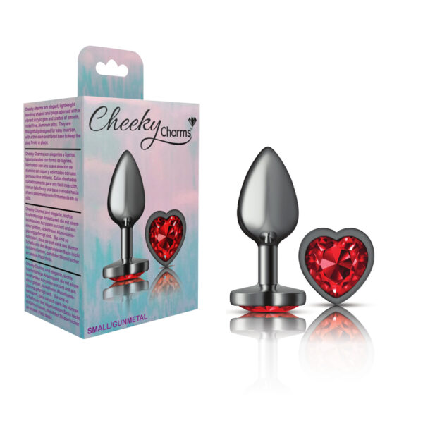 850018691352 Cheeky Charms Metal Butt Plug Gunmetal Heart Deep Red Small