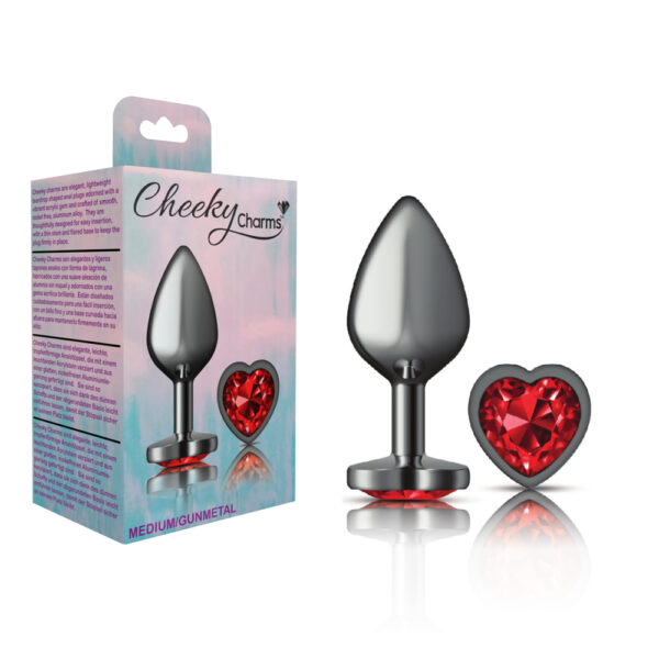 850018691369 Cheeky Charms Metal Butt Plug Gunmetal Heart Deep Red Medium