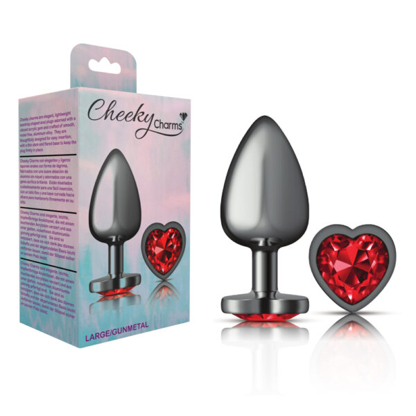 850018691376 Cheeky Charms Metal Butt Plug Gunmetal Heart Deep Red Large