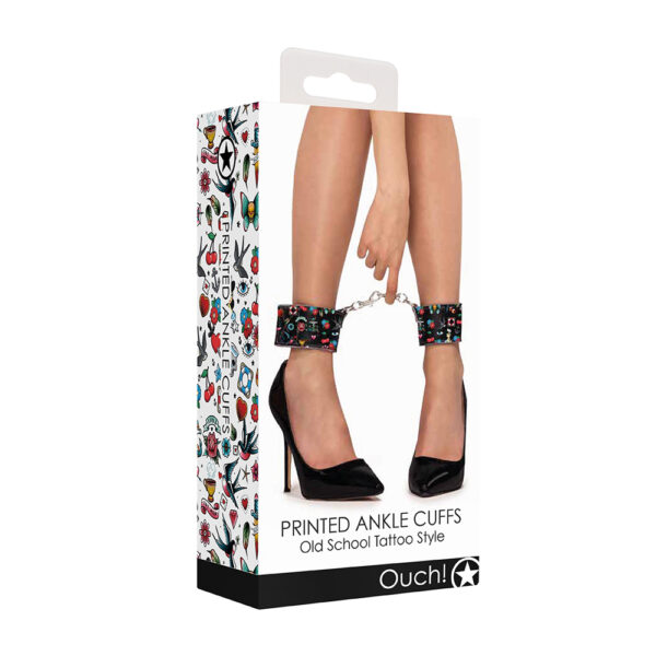 8714273491640 Ouch! Printed Ankle Cuffs Old School Tattoo Style Black