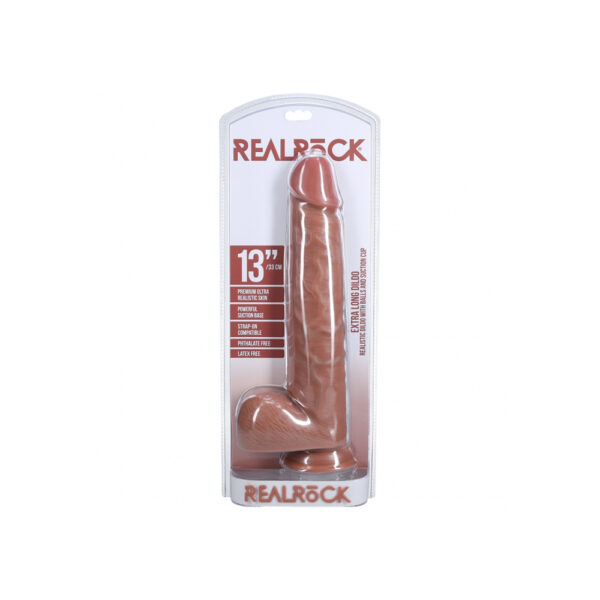 8714273505026 Realrock Extra Long Realistic Dildo With Balls 13" Tan